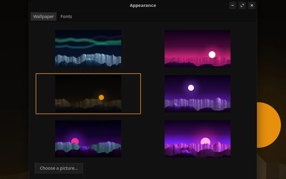 The Appearance window offering six wallpapers