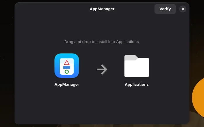 AppManager asking you to drag an AppImage into Applications to install it