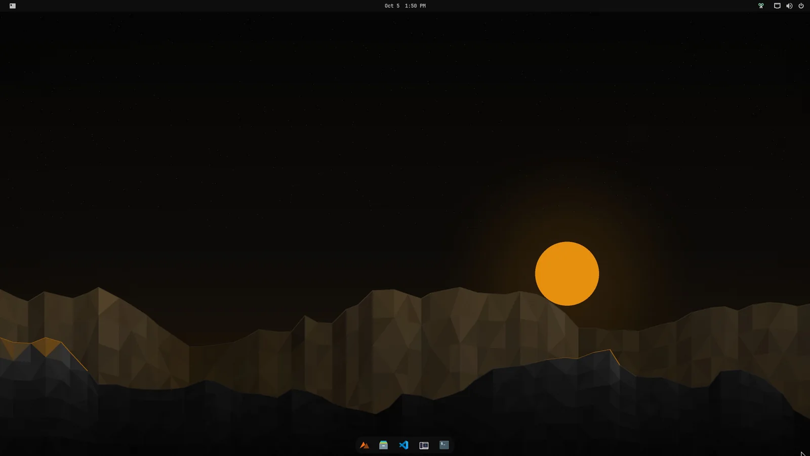 The Noctra desktop: a charcoal wallpaper with an amber sun, a top bar and a centred dock with the Noctra Start button