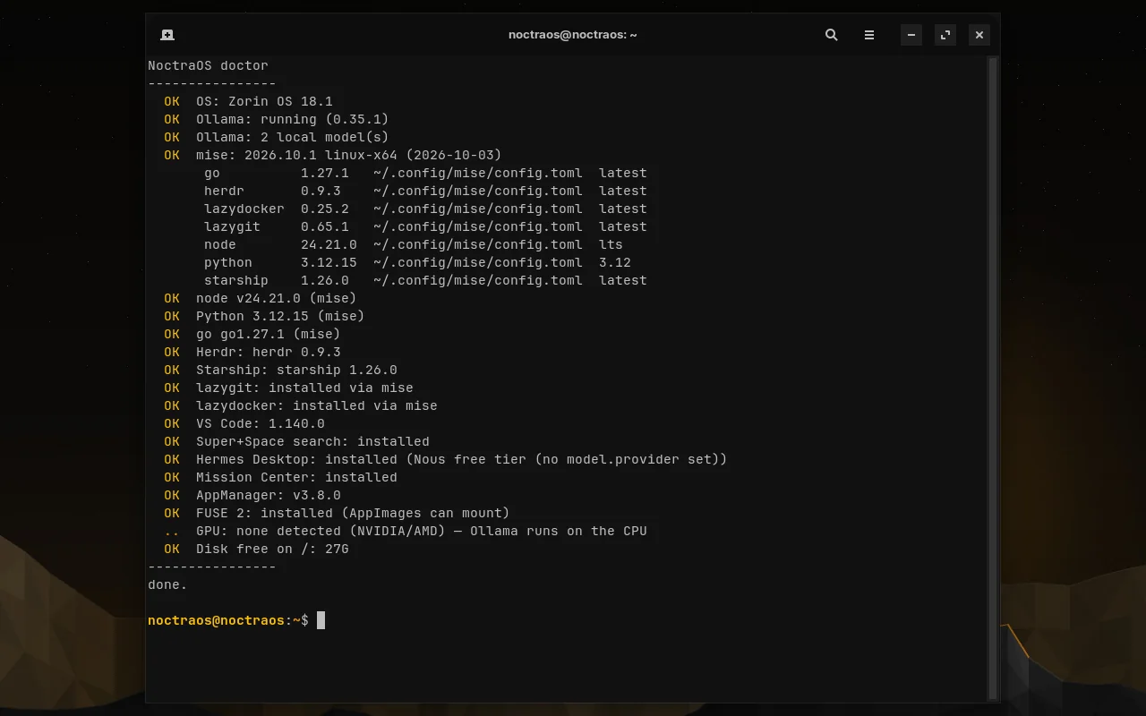 A terminal showing the output of the noc doctor command: a list of checks, each marked OK