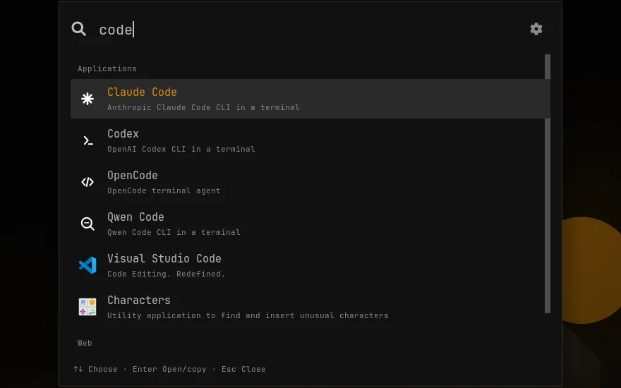 The Noctra search box showing apps for the word code, including Claude Code, Codex, OpenCode, Qwen Code and Visual Studio Code