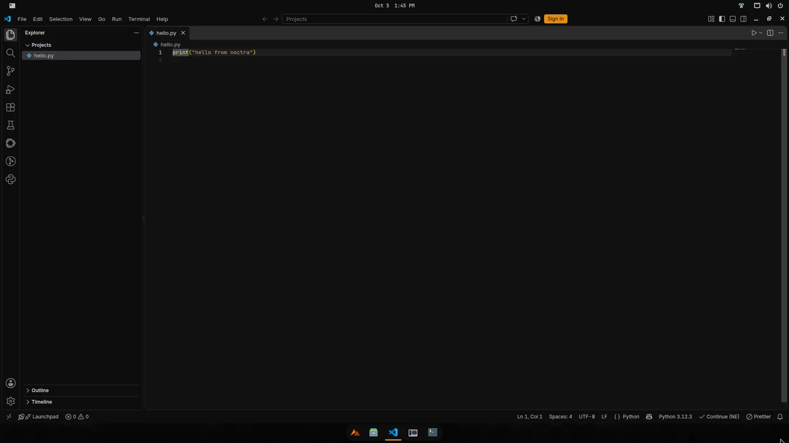 Visual Studio Code open on a Python file in the amber Noctra theme