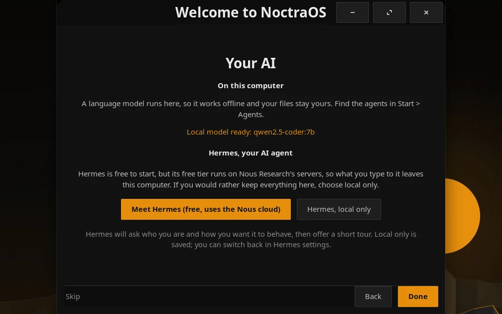 The Noctra welcome page about AI, offering Hermes with the free cloud tier or local only