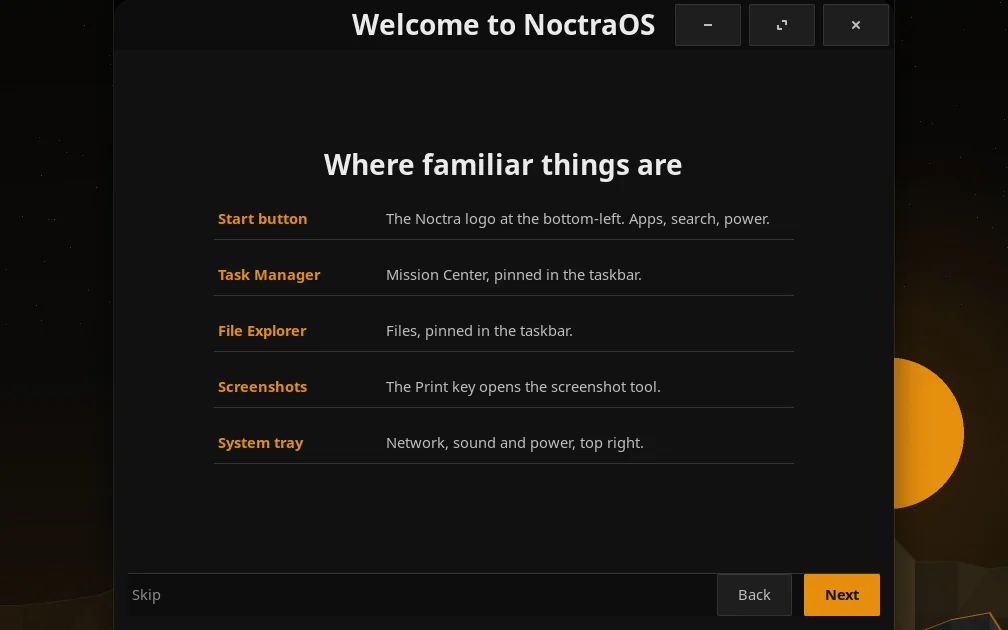The welcome page that shows where familiar things are: the Start button, task manager, file explorer, screenshots and system tray